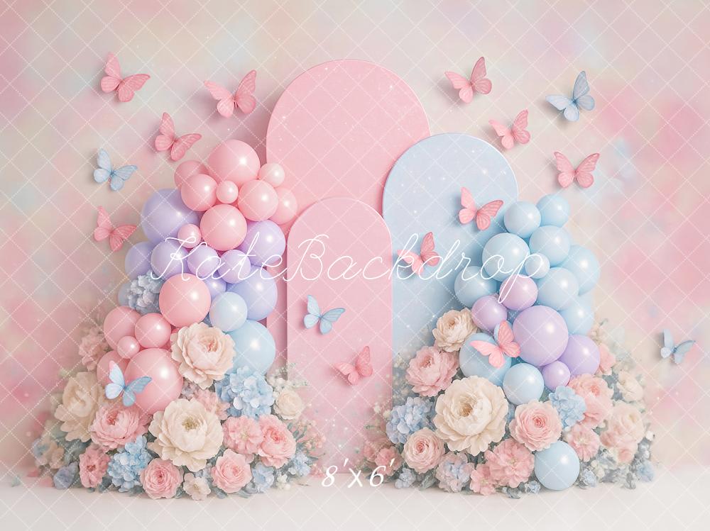 Kate Geburtstag Ballons Blumen Schmetterlinge Pastell Hintergrund Entworfen von Ashley Paul - Kate Backdrop.de
