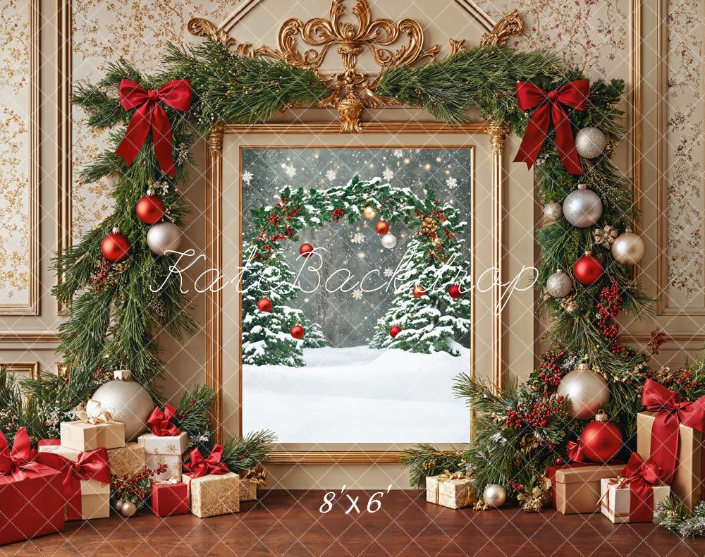 Kate Weihnachten Geschenke Kranz Rot Gold Fleece Hintergrund Entworfen von Emetselch - Kate Backdrop.de