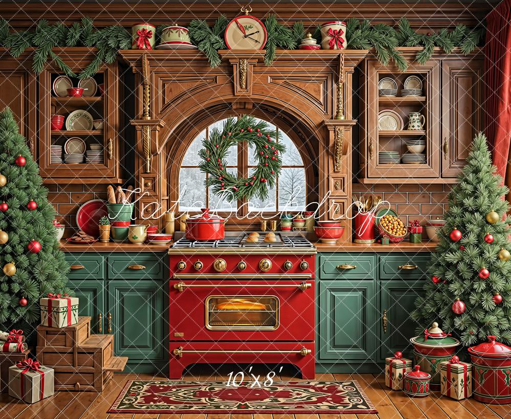 Kate Weihnachten Küche Weihnachtsbaum Holz Fleece Hintergrund Entworfen von Emetselch - Kate Backdrop.de