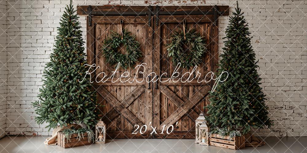 Kate Weihnachten Tannen Scheunentor Braun Hintergrund Entworfen von Emetselch - Kate Backdrop.de