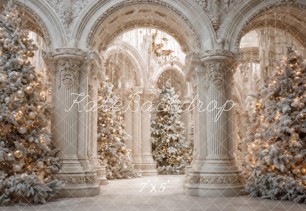Kate Weihnachten Palast Weihnachtsbäume Weiß Hintergrund Entworfen von Ashley Paul - Kate Backdrop.de