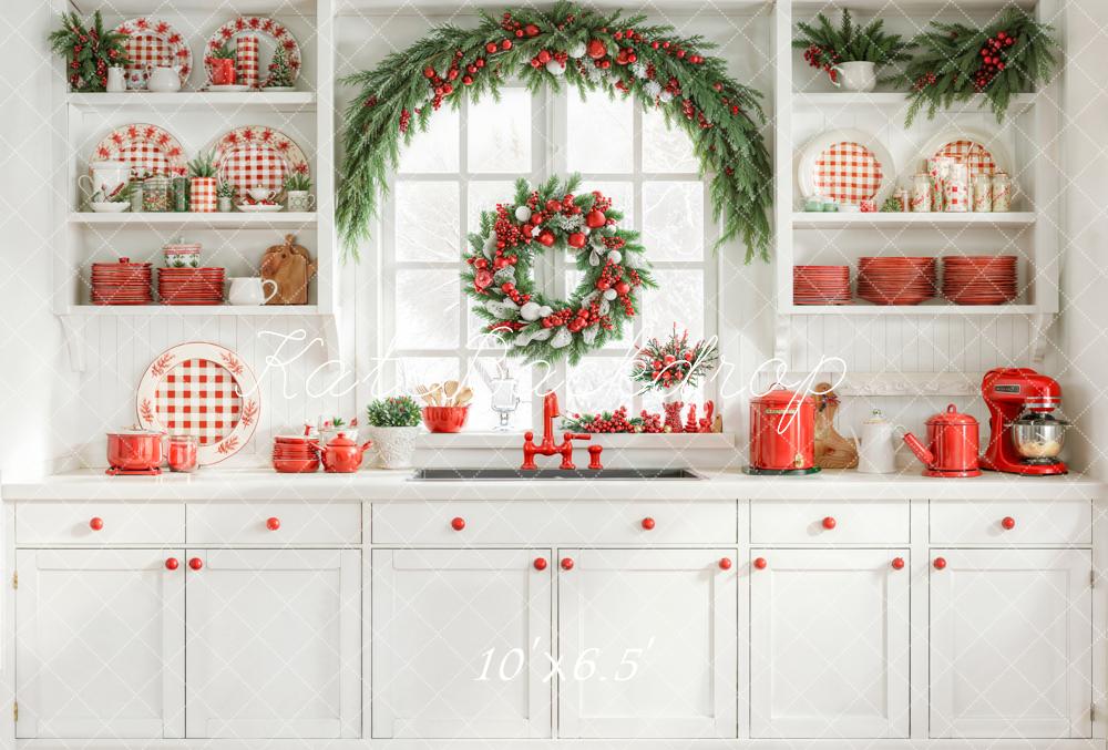 Kate Weihnachten Küche Girlande Rot Weiß Fleece Hintergrund Entworfen von Emetselch - Kate Backdrop.de