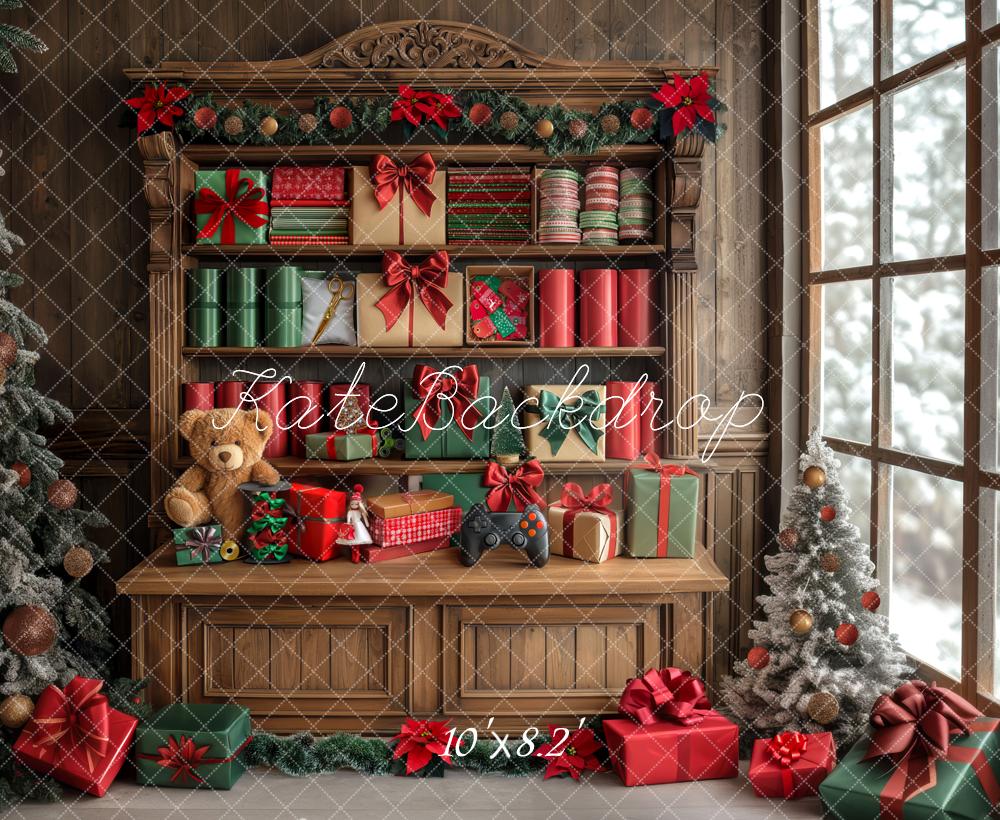 Kate Weihnachten Geschenke Schrank Braun Hintergrund Entworfen von Mini MakeBelieve - Kate Backdrop.de