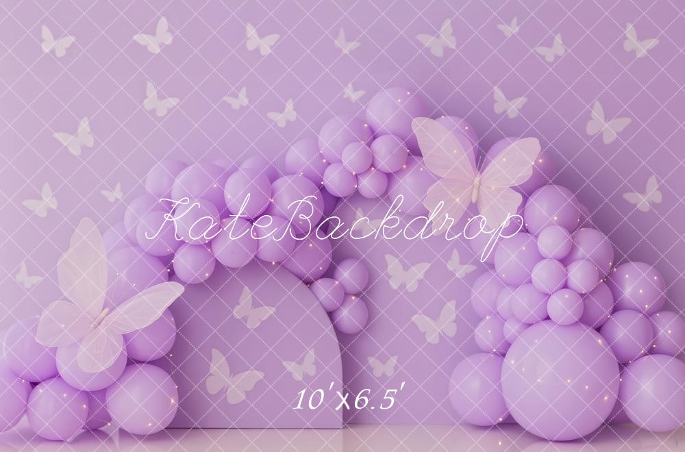 Kate Geburtstag Ballonbogen Schmetterlinge Lila Hintergrund Entworfen von Patty Roberts - Kate Backdrop.de