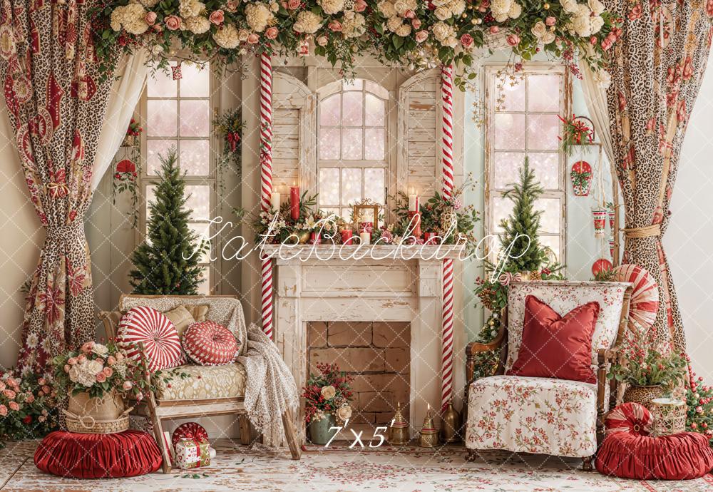 Kate Weihnachten Kamin Fenster Blumen Vintage Hintergrund Entworfen von Emetselch - Kate Backdrop.de
