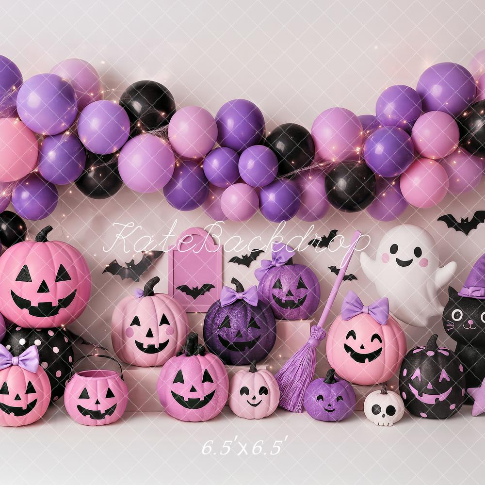 Kate Halloween Kürbisse Ballons Lila Hintergrund Entworfen von Ashley Paul - Kate Backdrop.de