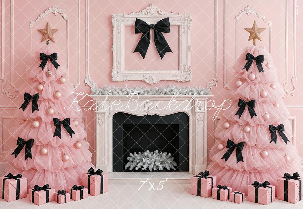 Kate Weihnachten Rosa Weihnachtsbäume Kamin Hintergrund Entworfen von Ashley Paul - Kate Backdrop.de