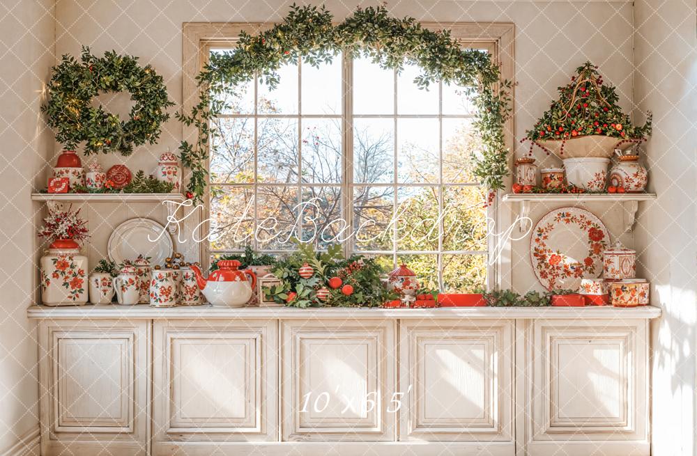 Kate Weihnachten Fenster Girlande Geschirr Vintage Fleece Hintergrund Entworfen von Emetselch - Kate Backdrop.de