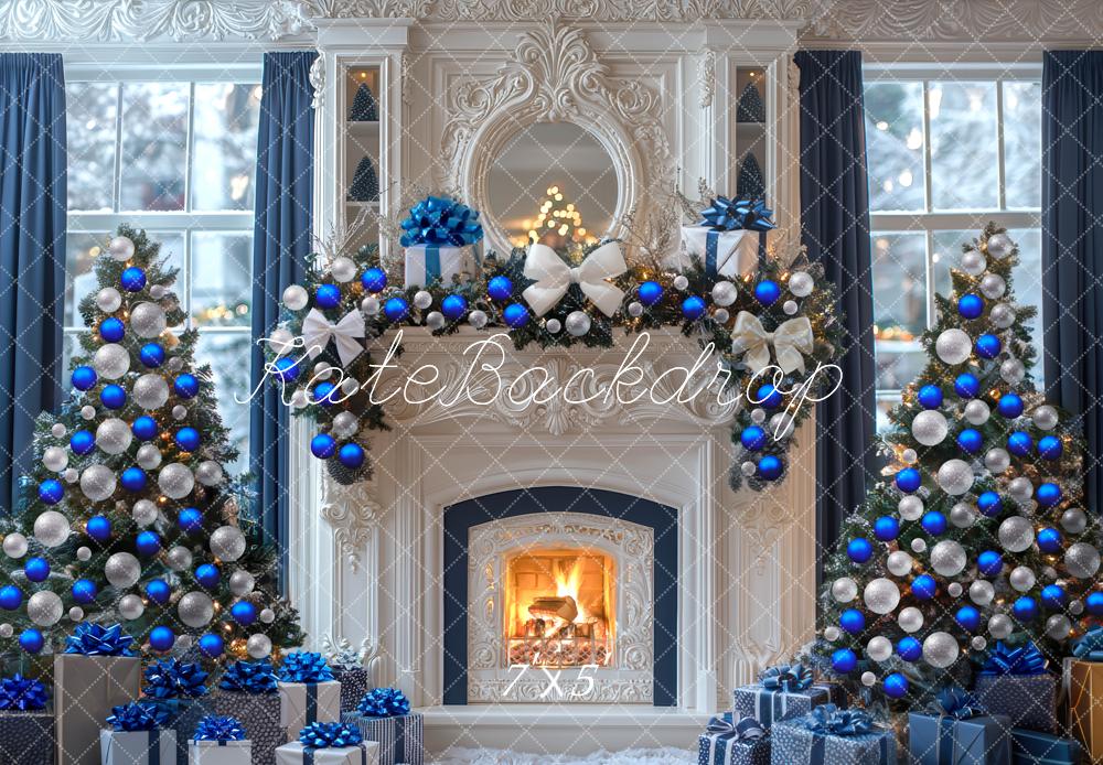 Kate Weihnachten Kamin Weihnachtsbaum Blau Hintergrund Entworfen von Mini MakeBelieve - Kate Backdrop.de