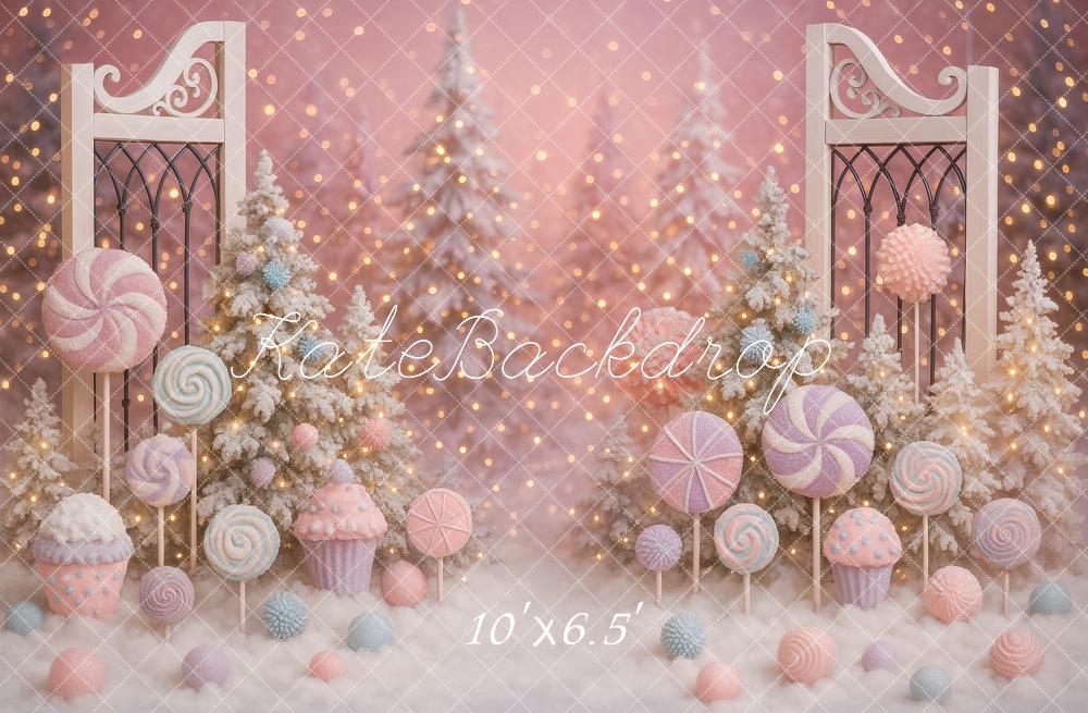 Kate Weihnachten Süßigkeiten Tannen Rosa Hintergrund Entworfen von Ashley Paul - Kate Backdrop.de