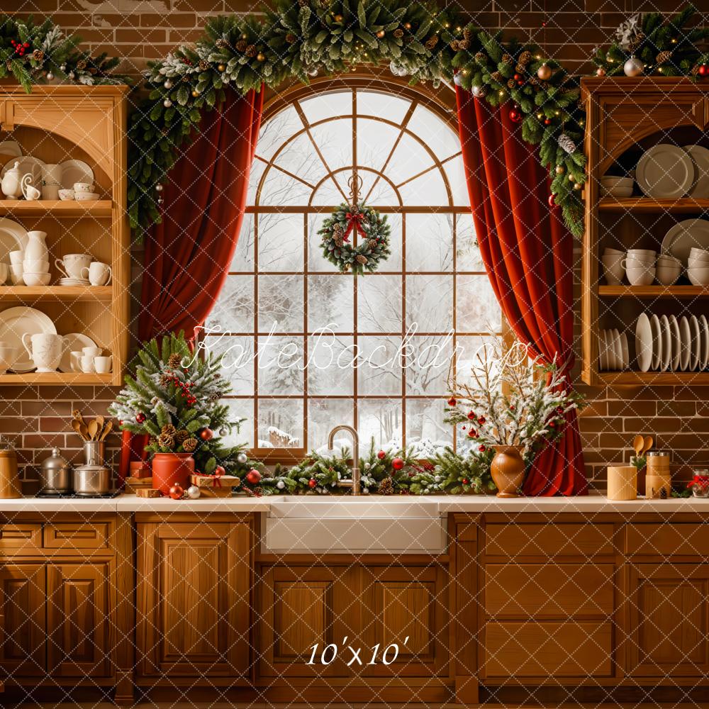 Kate Weihnachten Küche Fenster Rot Hintergrund Entworfen von Emetselch - Kate Backdrop.de
