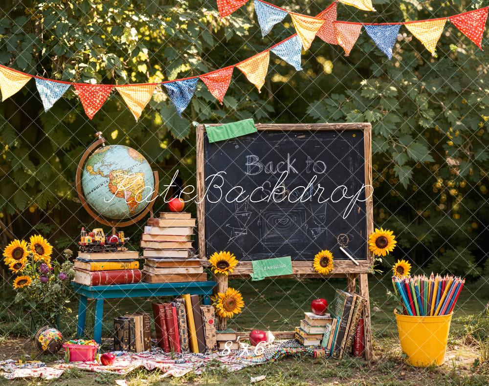 Kate Zurück Zur Schule Tafel Bücher Draußen Fleece Hintergrund Entworfen von Emetselch - Kate Backdrop.de