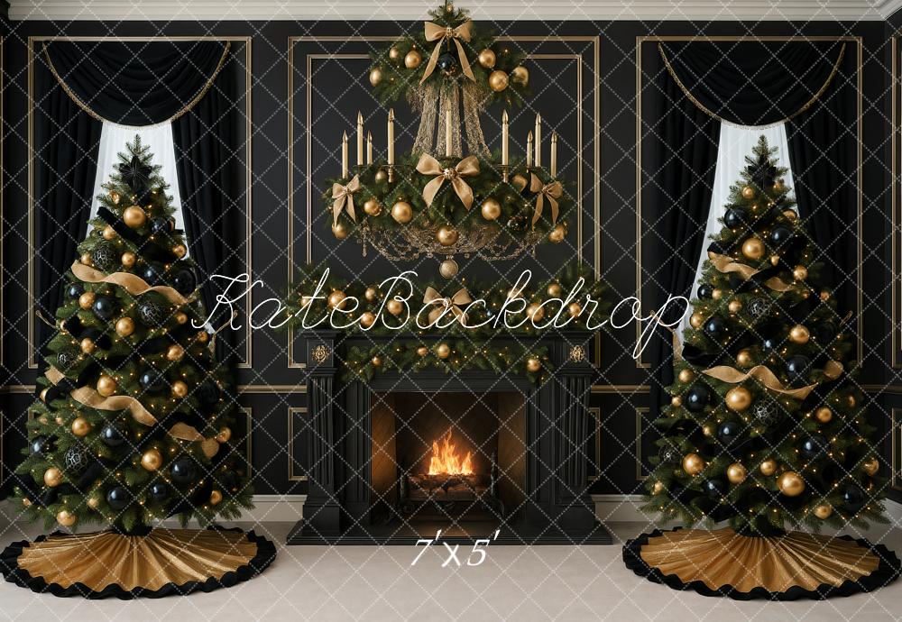 Kate Weihnachten Kamin Tannenbäume Schwarz Gold Hintergrund Entworfen von Ashley Paul - Kate Backdrop.de