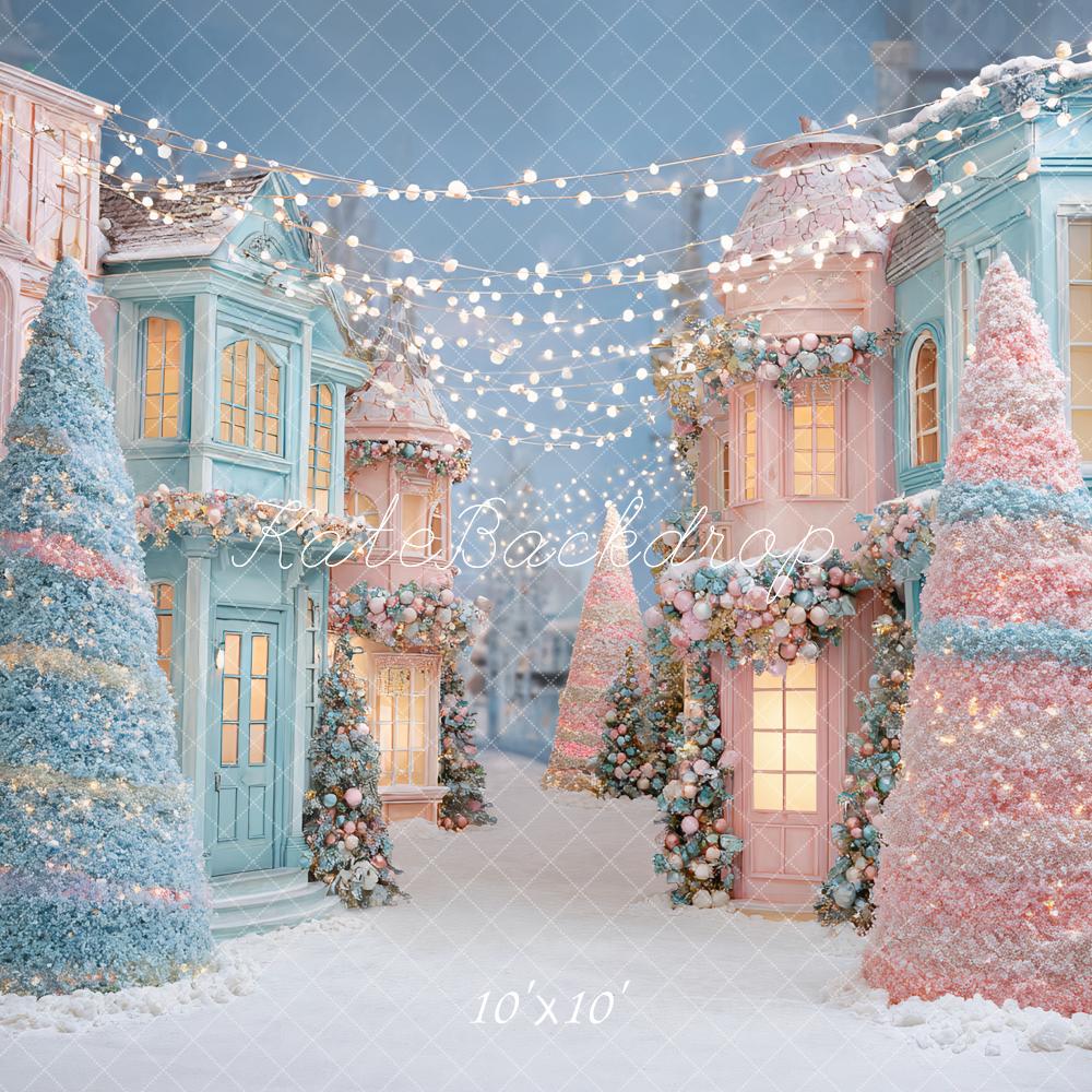 Kate Weihnachten Pastell Häuser Bäume Hintergrund Entworfen von Ashley Paul