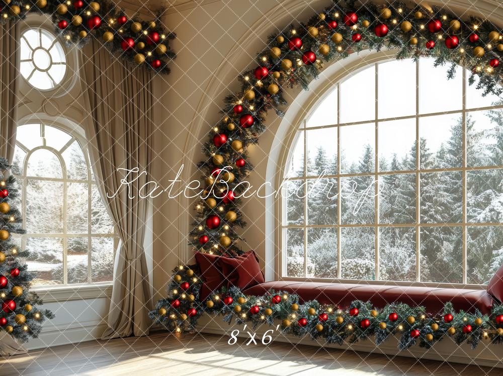 Kate Weihnachten Fenster Tannenzweige Rot Gold Hintergrund Entworfen von Mini MakeBelieve - Kate Backdrop.de