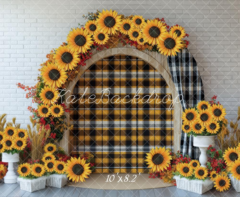 Kate Herbst Sonnenblumen Bogen Kariert Hintergrund Entworfen von Mini MakeBelieve - Kate Backdrop.de