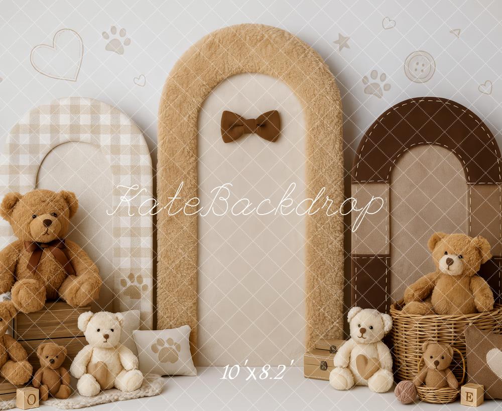Kate Teddybär Plüschtiere Bögen Beige Hintergrund Entworfen von Patty Roberts - Kate Backdrop.de