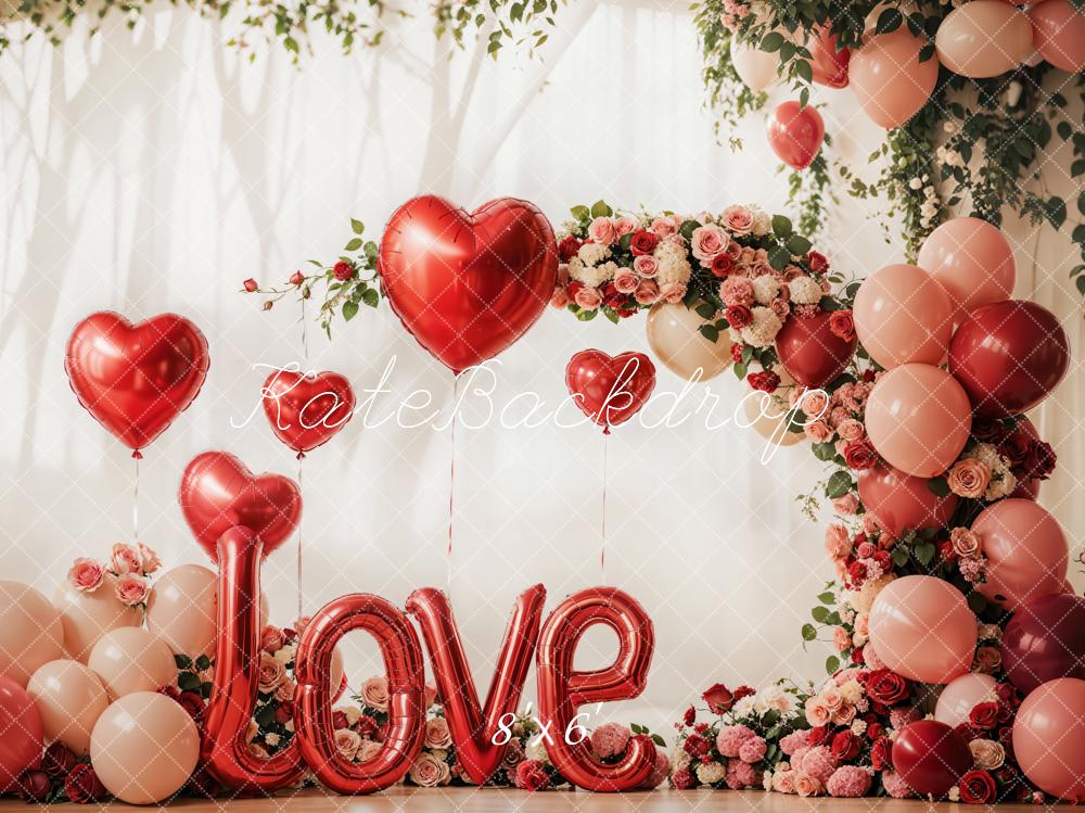 Kate Valentinstag Herzballons Blumenbogen Rot Hintergrund Entworfen von Emetselch