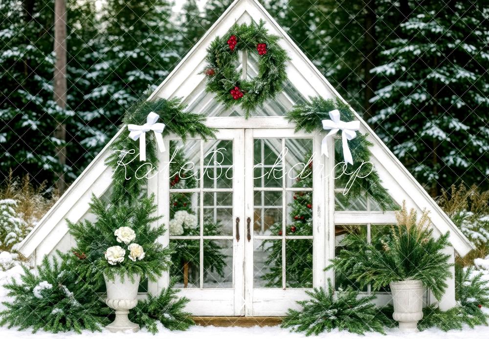 Kate Weihnachten Gewächshaus Tannenzweige Weiß Hintergrund Entworfen von Mini MakeBelieve - Kate Backdrop.de