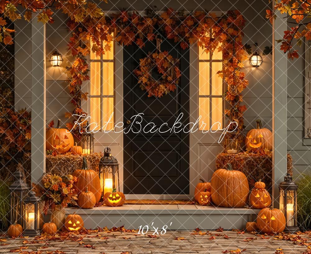 Kate Halloween Kürbis Veranda Herbstlaub Fleece Hintergrund Entworfen von Emetselch - Kate Backdrop.de