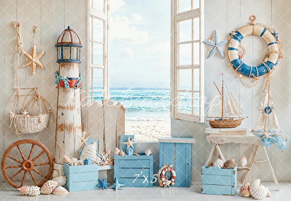 Kate Sommer Maritim Leuchtturm Fenster Blau Hintergrund Entworfen von Emetselch - Kate Backdrop.de