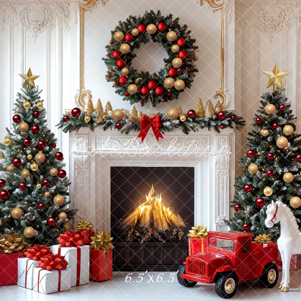 Kate Weihnachten Kamin Weihnachtsbaum Rot Gold Hintergrund Entworfen von Mini MakeBelieve - Kate Backdrop.de