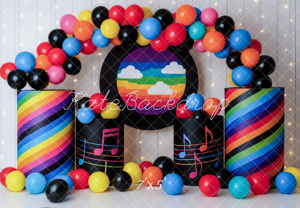 Kate Geburtstag Bunte Luftballons Regenbogen Streifen Hintergrund Entworfen von Patty Roberts - Kate Backdrop.de