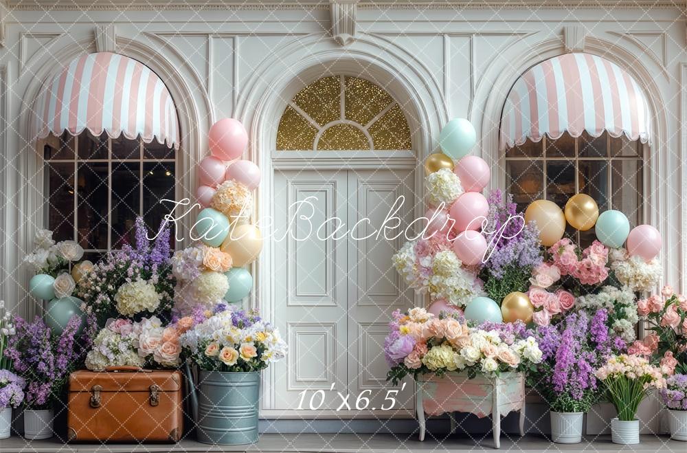 Kate Geburtstag Ballons Blumen Pastell Hintergrund Entworfen von Mini MakeBelieve - Kate Backdrop.de