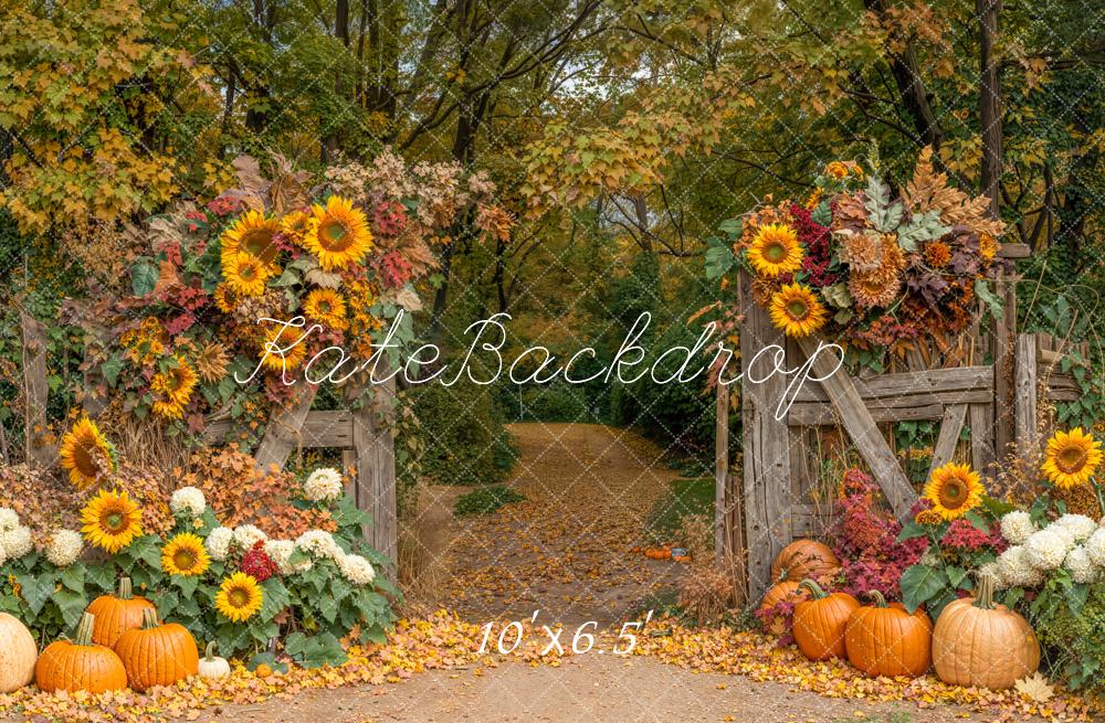 Kate Herbst Kürbis Sonnenblumen Holzzaun Fleece Hintergrund Entworfen von Emetselch - Kate Backdrop.de