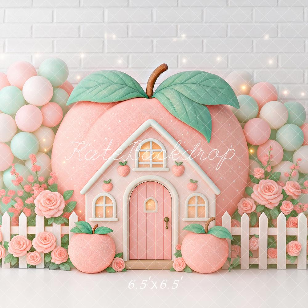 Kate Geburtstag Pfirsich Haus Ballons Pastell Hintergrund Entworfen von Ashley Paul - Kate Backdrop.de