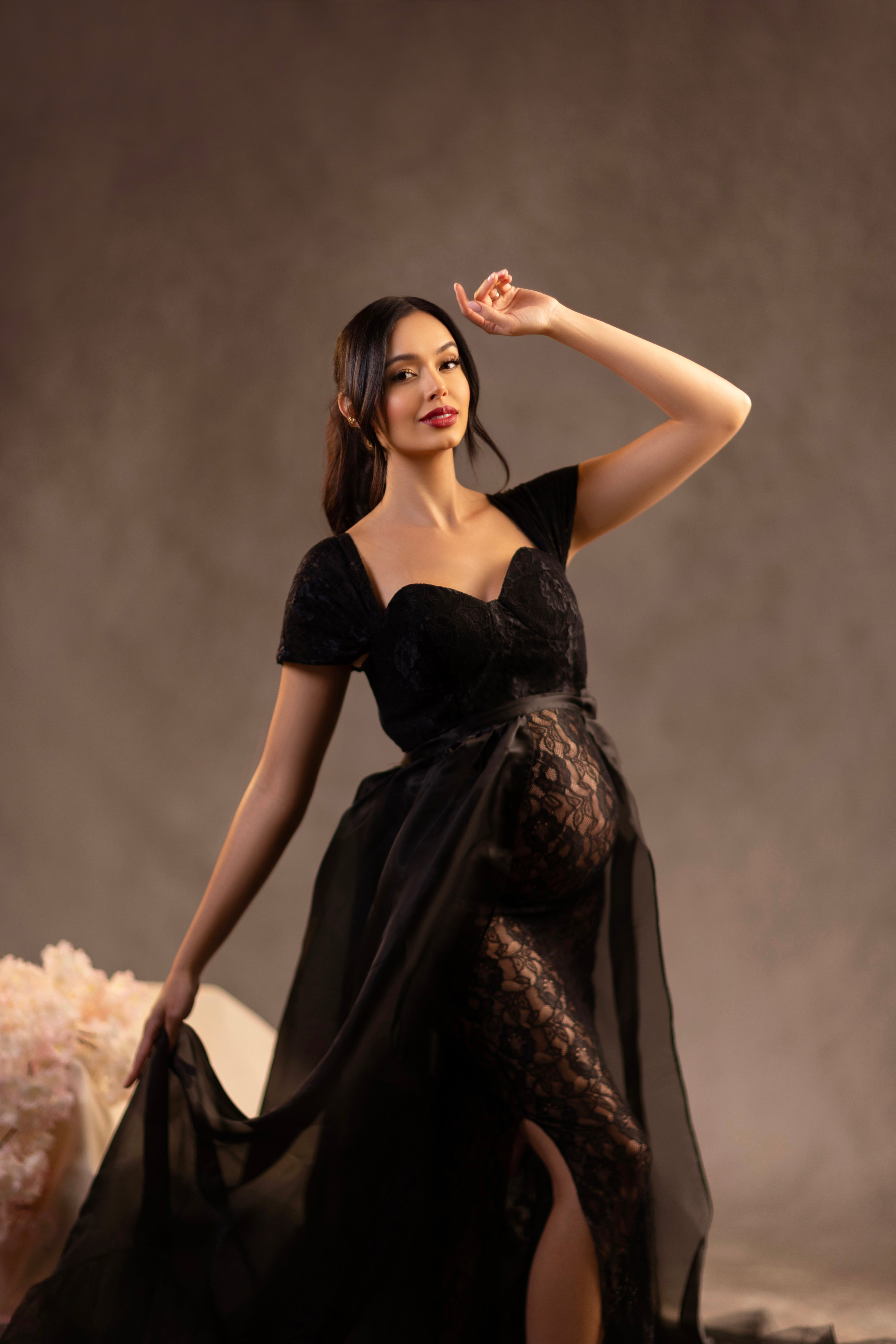 Kate Kurzärmeliges trägerloses schwarzes Mutterschafts-Fotoshooting-Kleid aus Spitze - Kate Backdrop.de