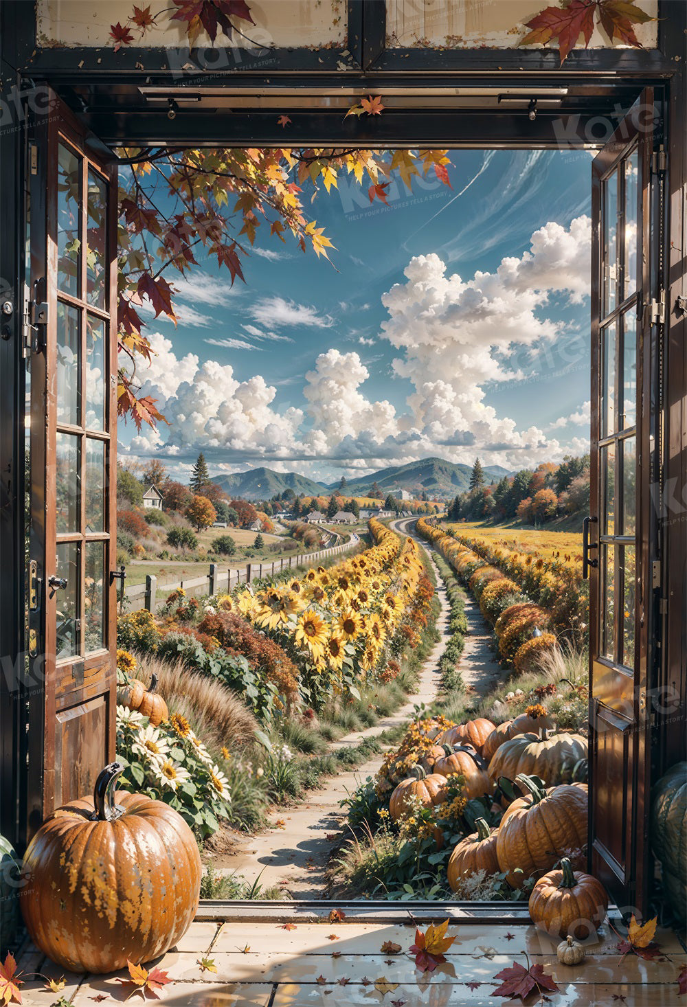 Kate Herbst Blauer Himmel Bauernhof Sonnenblume Tür Hintergrund für Fotografie