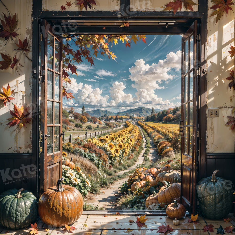 Kate Herbst Blauer Himmel Bauernhof Sonnenblume Tür Hintergrund für Fotografie