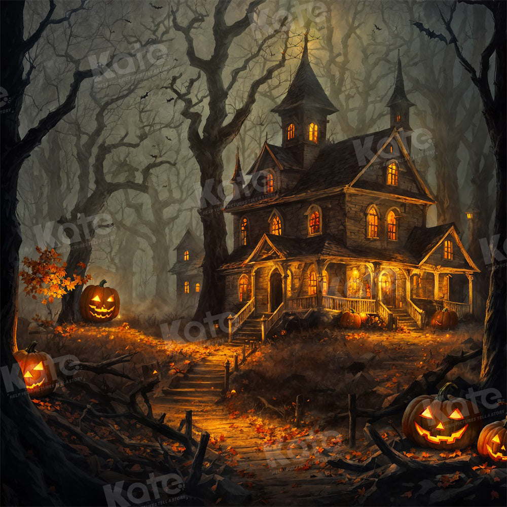 Kate Halloween Spooky Kürbis Haus im Wald Hintergrund für die Fotografie