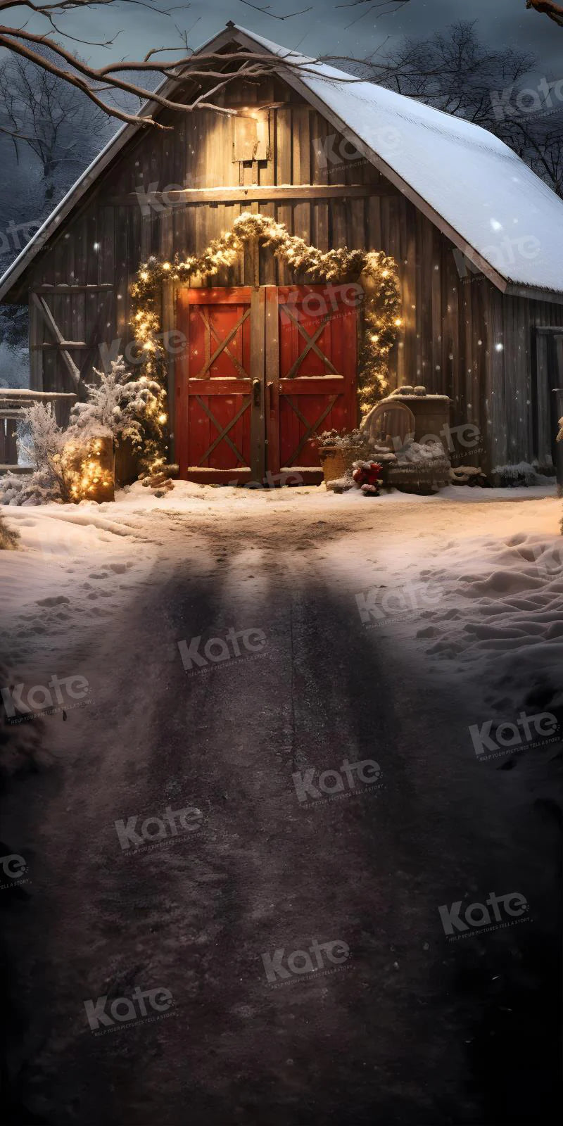 Kate Kombibackdrop Weihnachten Weg zur roten Scheune Nacht Hintergrund für die Fotografie