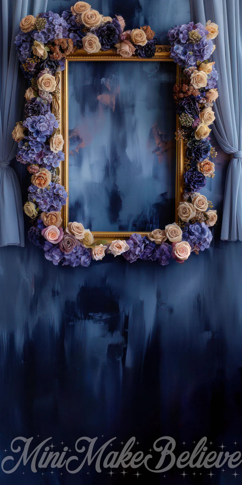 Kate Vintage Fine Art Bunte Blume Goldrahmen Blau Vorhang und Wand Kombi-Hintergrund von Mini MakeBelieve