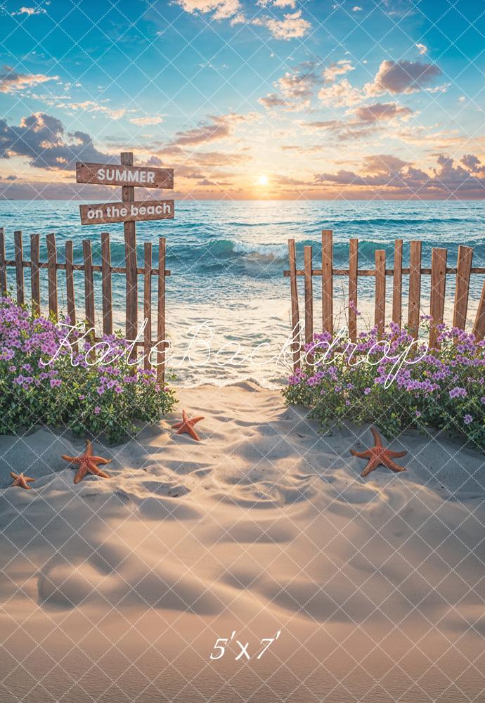 Kate Sommer Meer Strand Sonnenuntergang Lila Blume Brauner Holzzaun Hintergrund Entworfen von Chain Photography - Kate Backdrop.de