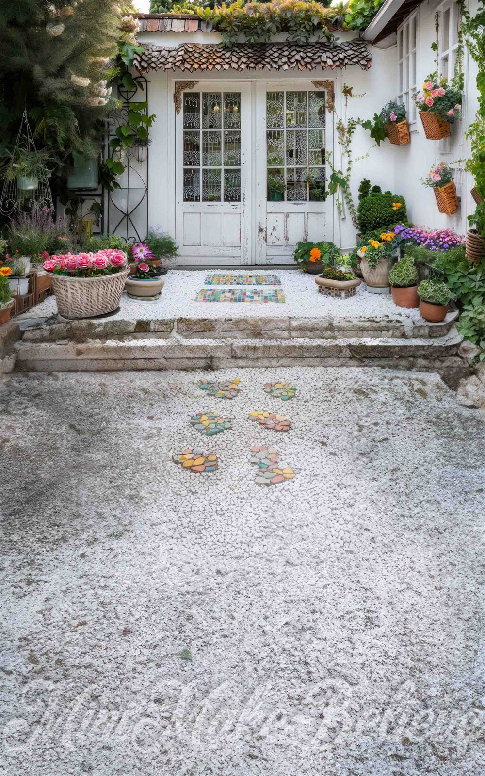 Kate Sweep Sommer Bunte Blume Weißer Gartenhäuschen Hintergrund Entworfen von Mini MakeBelieve - Kate Backdrop.de