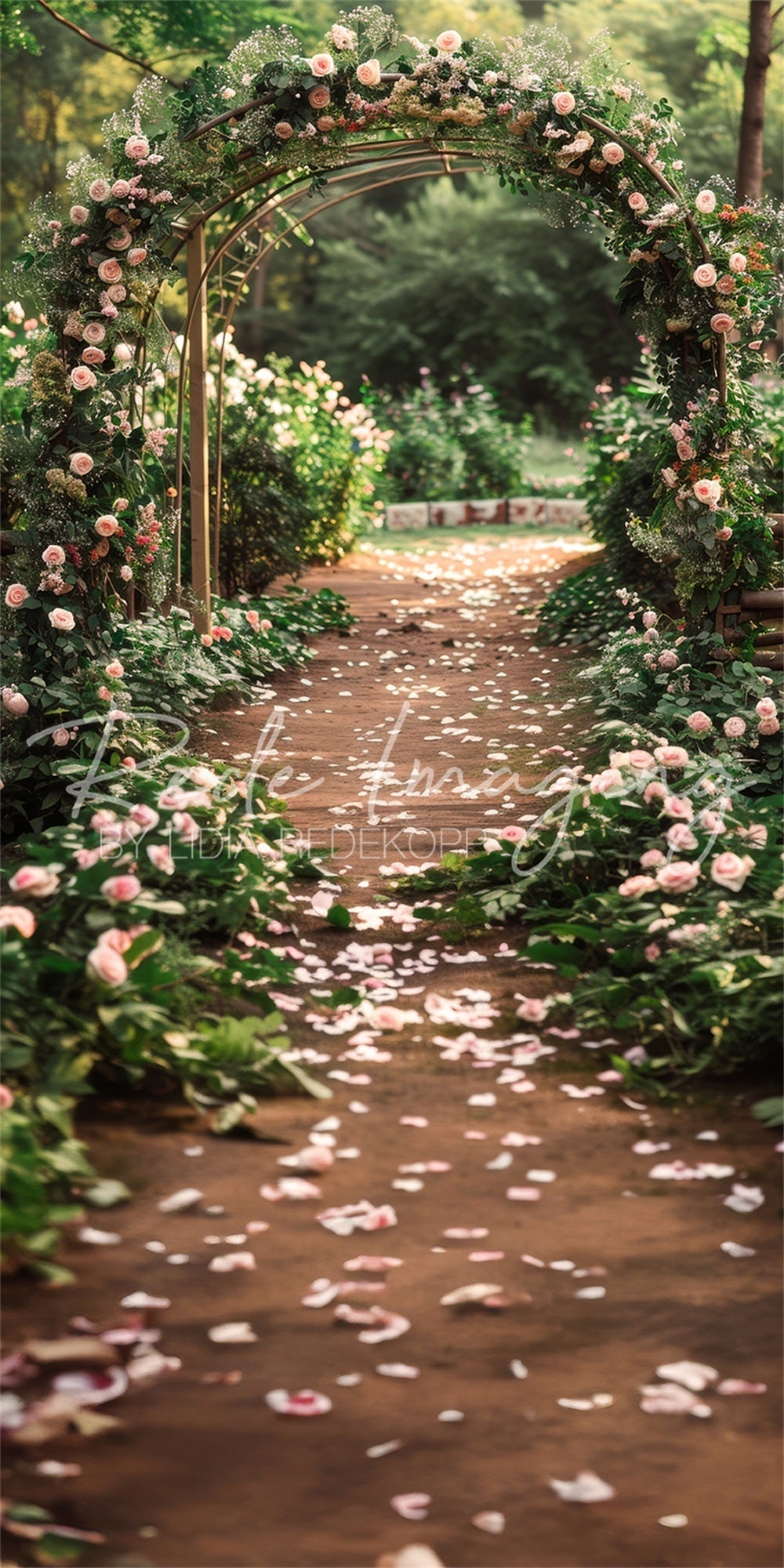 Kate Sweep Sommer Outdoor Wald Hochzeit Rosa Blumenbogen Weg Hintergrund Entworfen von Lidia Redekopp - Kate Backdrop.de
