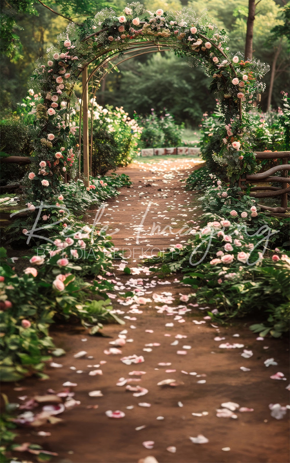 Kate Sweep Sommer Outdoor Wald Hochzeit Rosa Blumenbogen Weg Hintergrund Entworfen von Lidia Redekopp - Kate Backdrop.de
