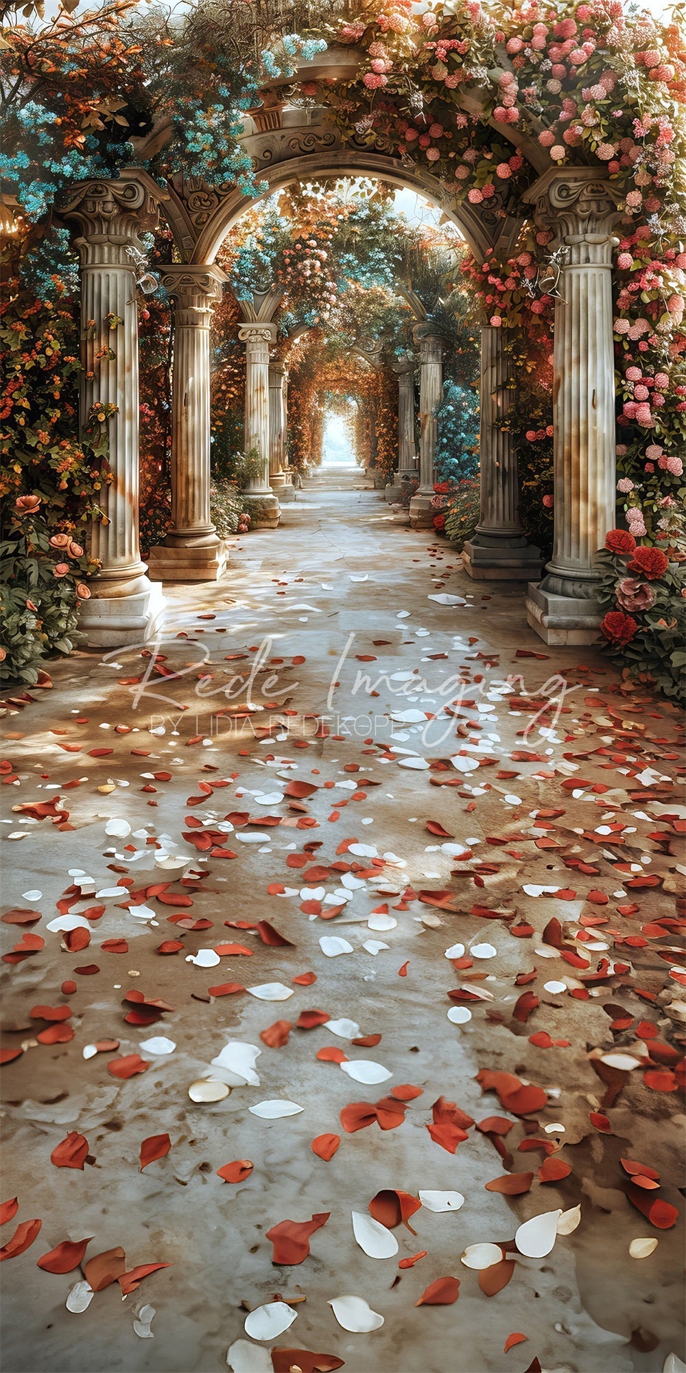Kate Sweep Sommer Feinkunst Bunte Blume Vintage Stein Säulenbogen Straßen Hintergrund Entworfen von Lidia Redekopp - Kate Backdrop.de