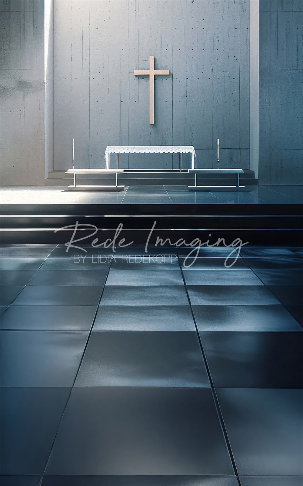 Kate Sweep Modernes Weißes Kreuz Graue Kirchenaltar Hintergrund Entworfen von Lidia Redekopp - Kate Backdrop.de