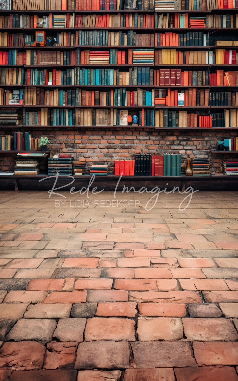 Kate Sweep Vintage Dunkelbraunes Holz Altes Bücherregal Rote Kaputte Ziegelwand Hintergrund Entworfen von Lidia Redekopp - Kate Backdrop.de