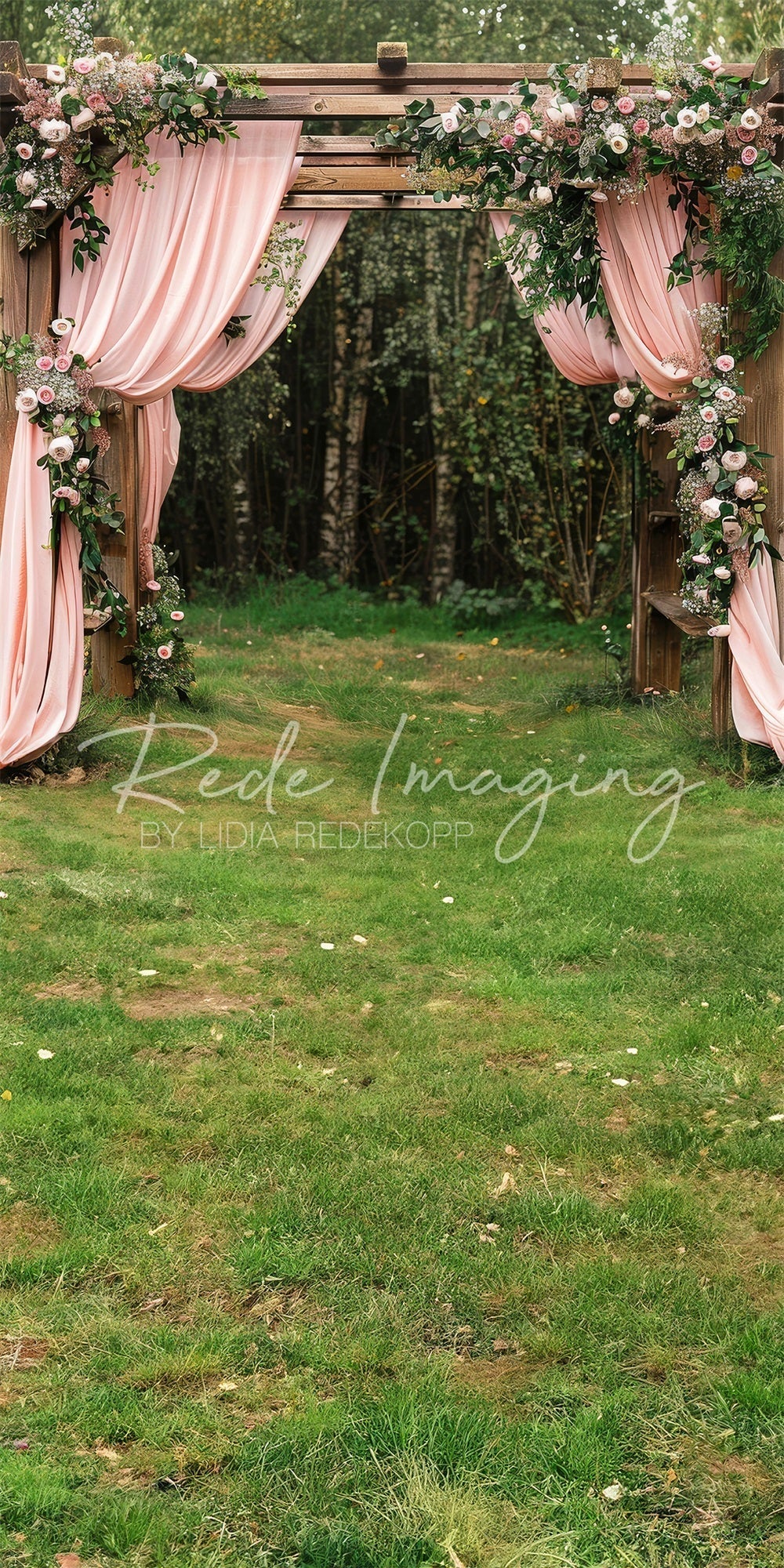 Kate Sweep Sommer Wald Hochzeit Rosa Vorhang Florale Braune Tür Hintergrund Entworfen von Lidia Redekopp - Kate Backdrop.de
