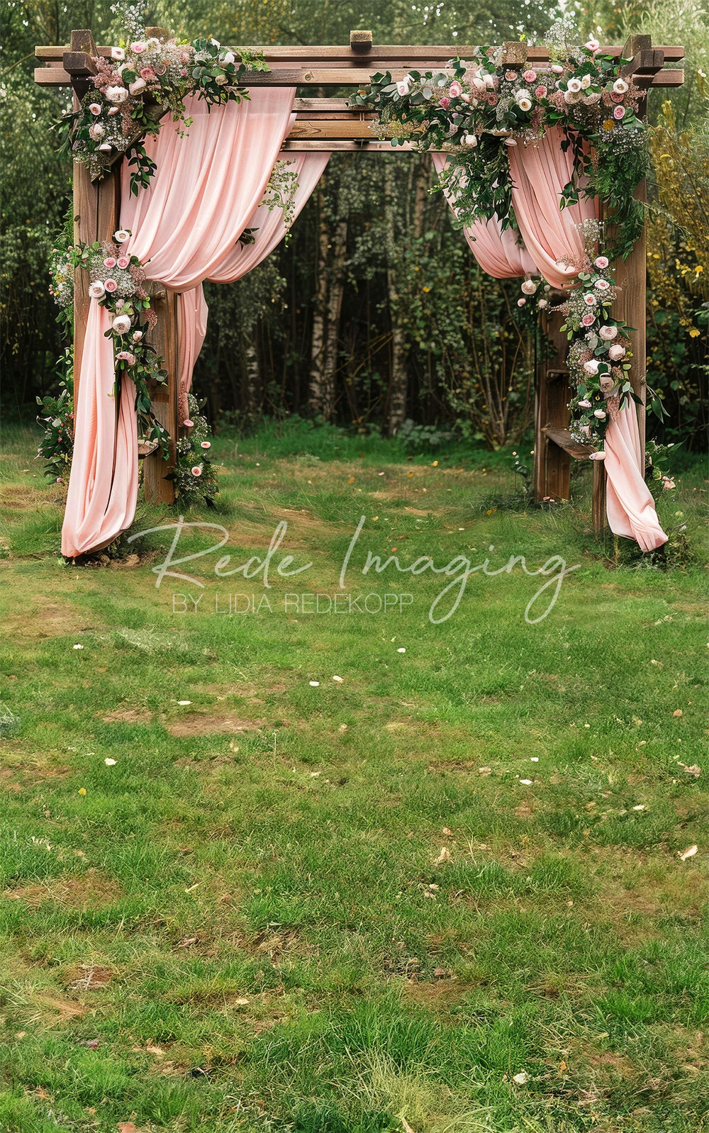Kate Sweep Sommer Wald Hochzeit Rosa Vorhang Florale Braune Tür Hintergrund Entworfen von Lidia Redekopp - Kate Backdrop.de