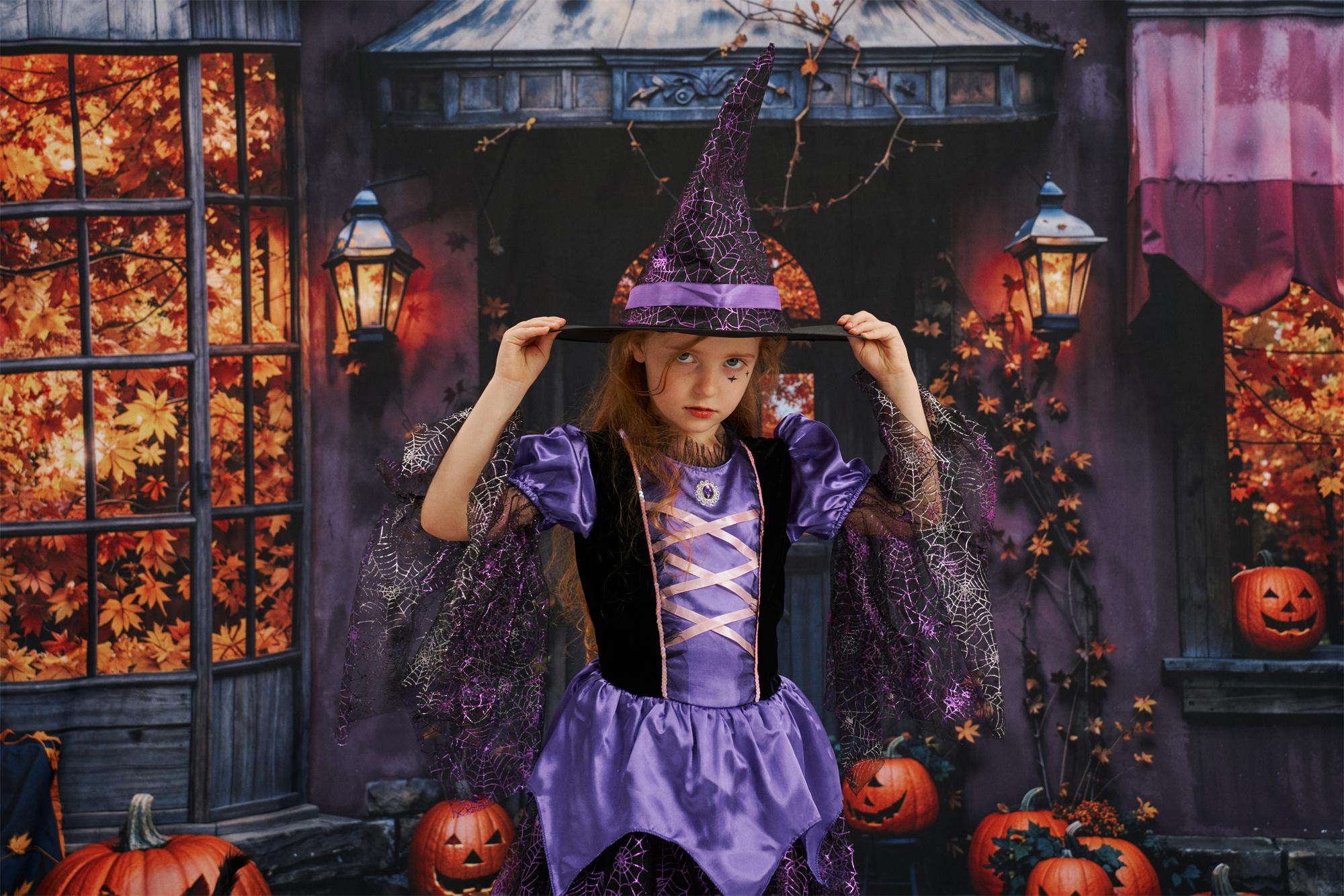 ⚡Blitzangebote-Kate Halloween Cottage Kürbis Gefallene Blätter Kombi-Hintergrund Entworfen von Emetselch - Kate Backdrop.de