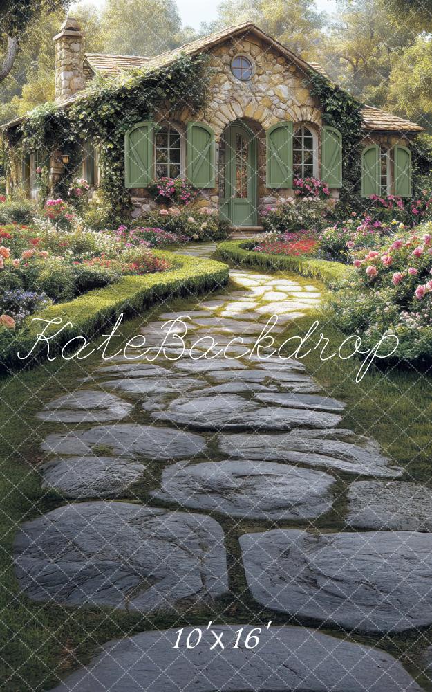 Kate Kombi-Hintergrund Rustikaler Steinweg im Cottage-Garten mit Blumen für Fotografie von Mini MakeBelieve - Kate Backdrop.de