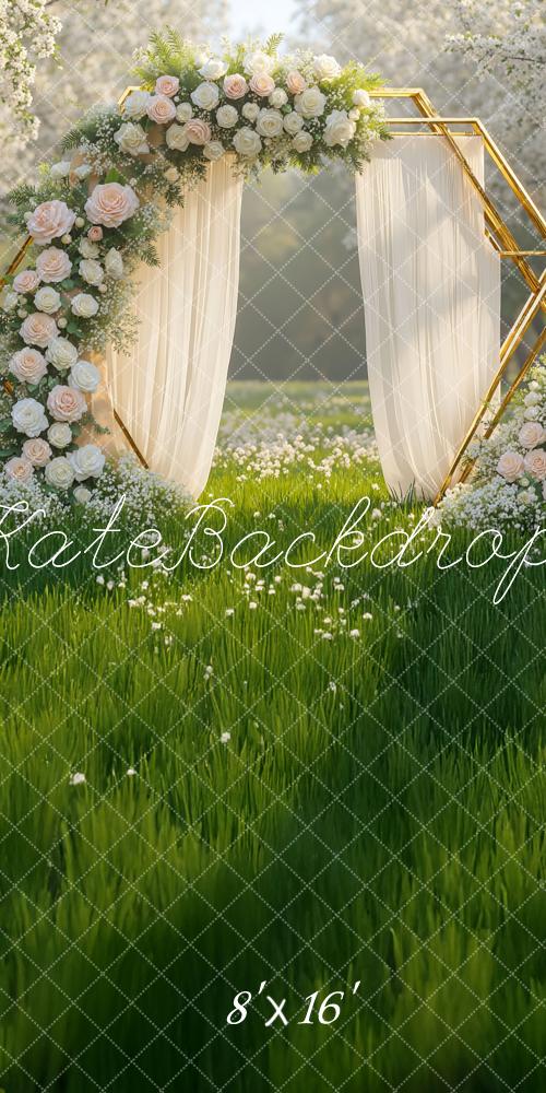 Kate Kombi-Hintergrund Frühlingsblumenbogen mit weißen Rosen und geometrischem Rahmen Hintergrund von Mini MakeBelieve