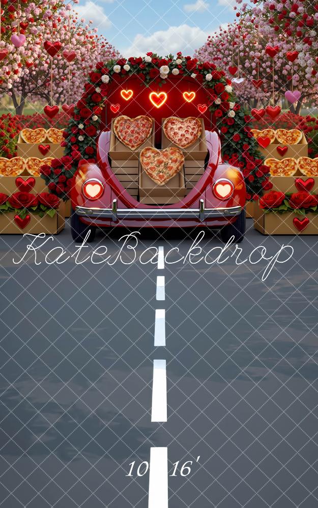 Kate Kombi-Hintergrund Valentinstag Herz-Pizza Roter Auto-Blumenbogen Rosen von Mini MakeBelieve - Kate Backdrop.de