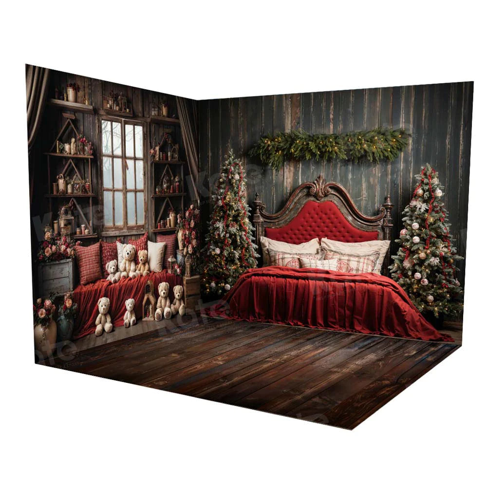 Kate Weihnachten Rotes Kopfteil Teddybär Zimmer Set (8ftx8ft&10ftx8ft&8ftx10ft) - Kate Backdrop.de